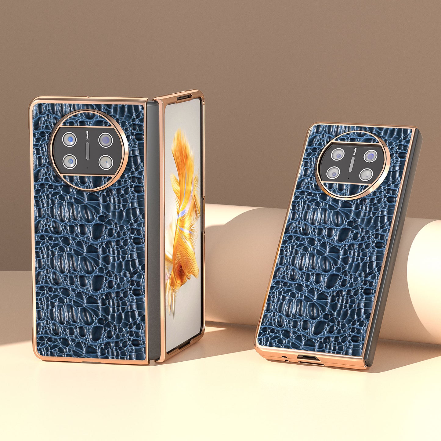 For Huawei Mate X3 5G Electroplating Phone Case Genuine Cow Leather Coated PC Canopy Texture Anti-Fall Cover