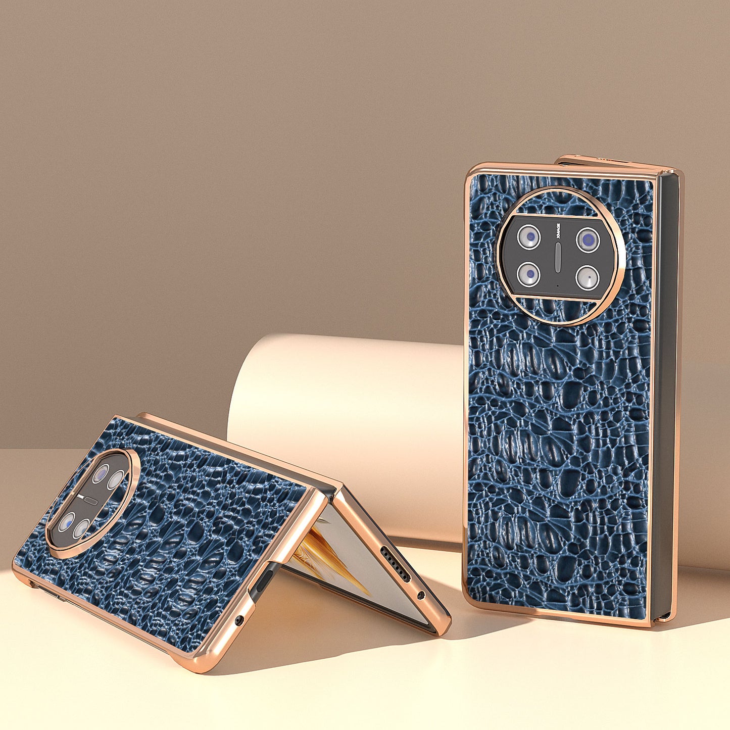 For Huawei Mate X3 5G Electroplating Phone Case Genuine Cow Leather Coated PC Canopy Texture Anti-Fall Cover