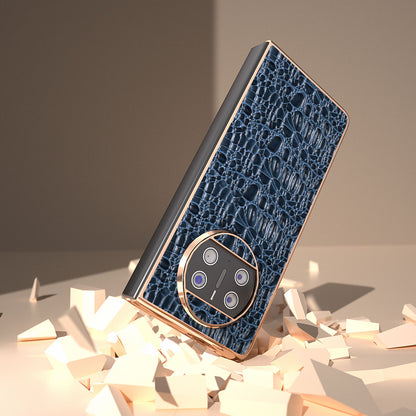 For Huawei Mate X3 5G Electroplating Phone Case Genuine Cow Leather Coated PC Canopy Texture Anti-Fall Cover