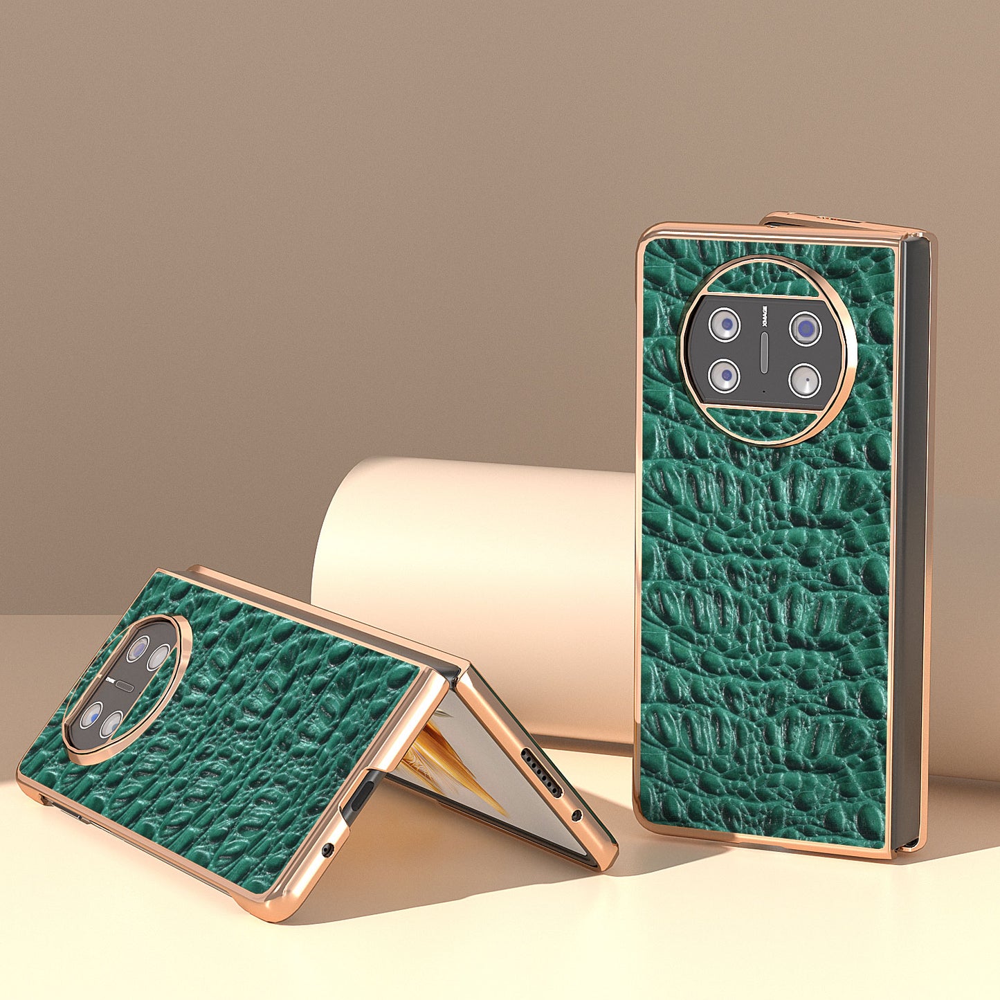 For Huawei Mate X3 5G Electroplating Phone Case Genuine Cow Leather Coated PC Canopy Texture Anti-Fall Cover