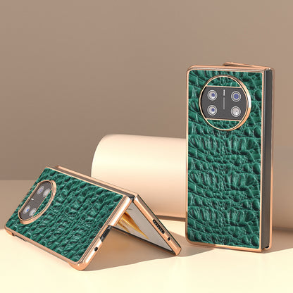 For Huawei Mate X3 5G Electroplating Phone Case Genuine Cow Leather Coated PC Canopy Texture Anti-Fall Cover