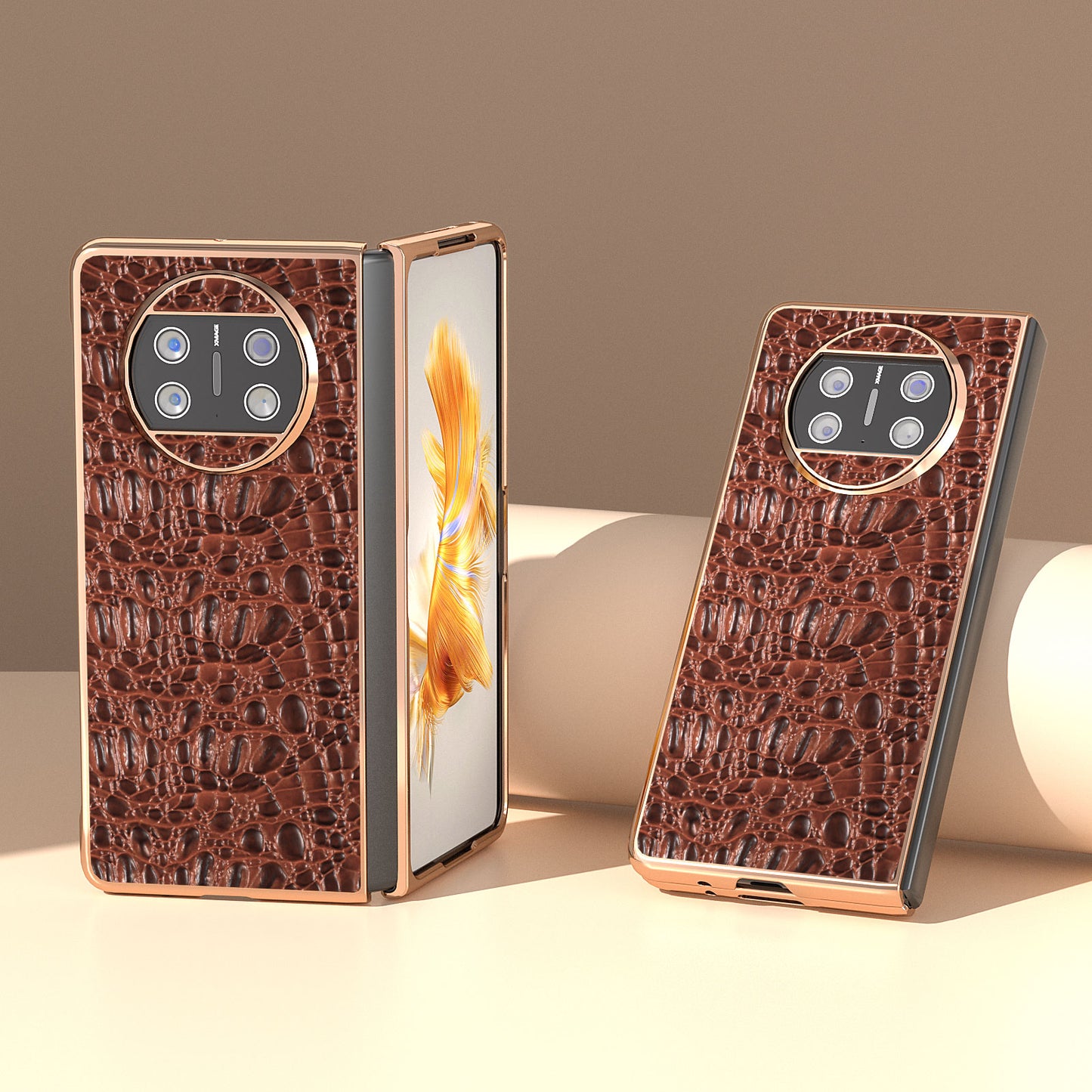 For Huawei Mate X3 5G Electroplating Phone Case Genuine Cow Leather Coated PC Canopy Texture Anti-Fall Cover
