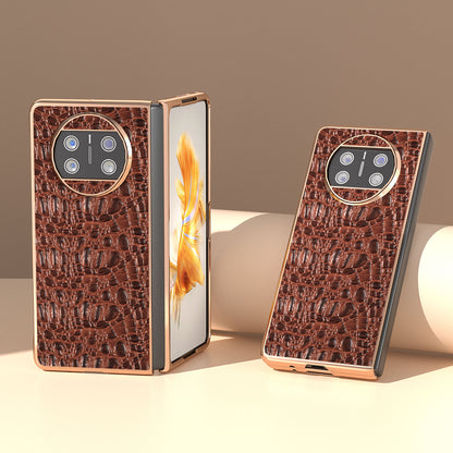 For Huawei Mate X3 5G Electroplating Phone Case Genuine Cow Leather Coated PC Canopy Texture Anti-Fall Cover