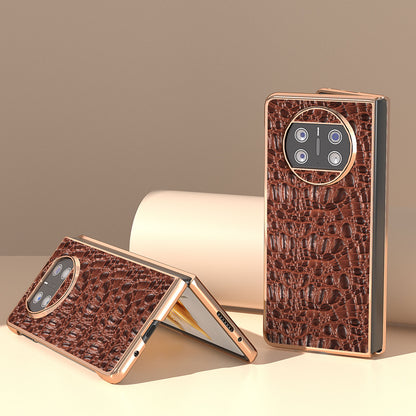 For Huawei Mate X3 5G Electroplating Phone Case Genuine Cow Leather Coated PC Canopy Texture Anti-Fall Cover