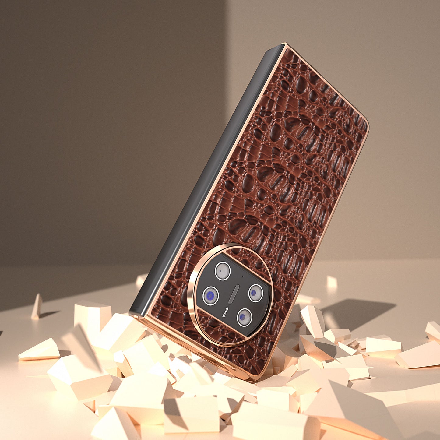 For Huawei Mate X3 5G Electroplating Phone Case Genuine Cow Leather Coated PC Canopy Texture Anti-Fall Cover