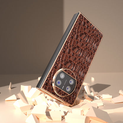 For Huawei Mate X3 5G Electroplating Phone Case Genuine Cow Leather Coated PC Canopy Texture Anti-Fall Cover