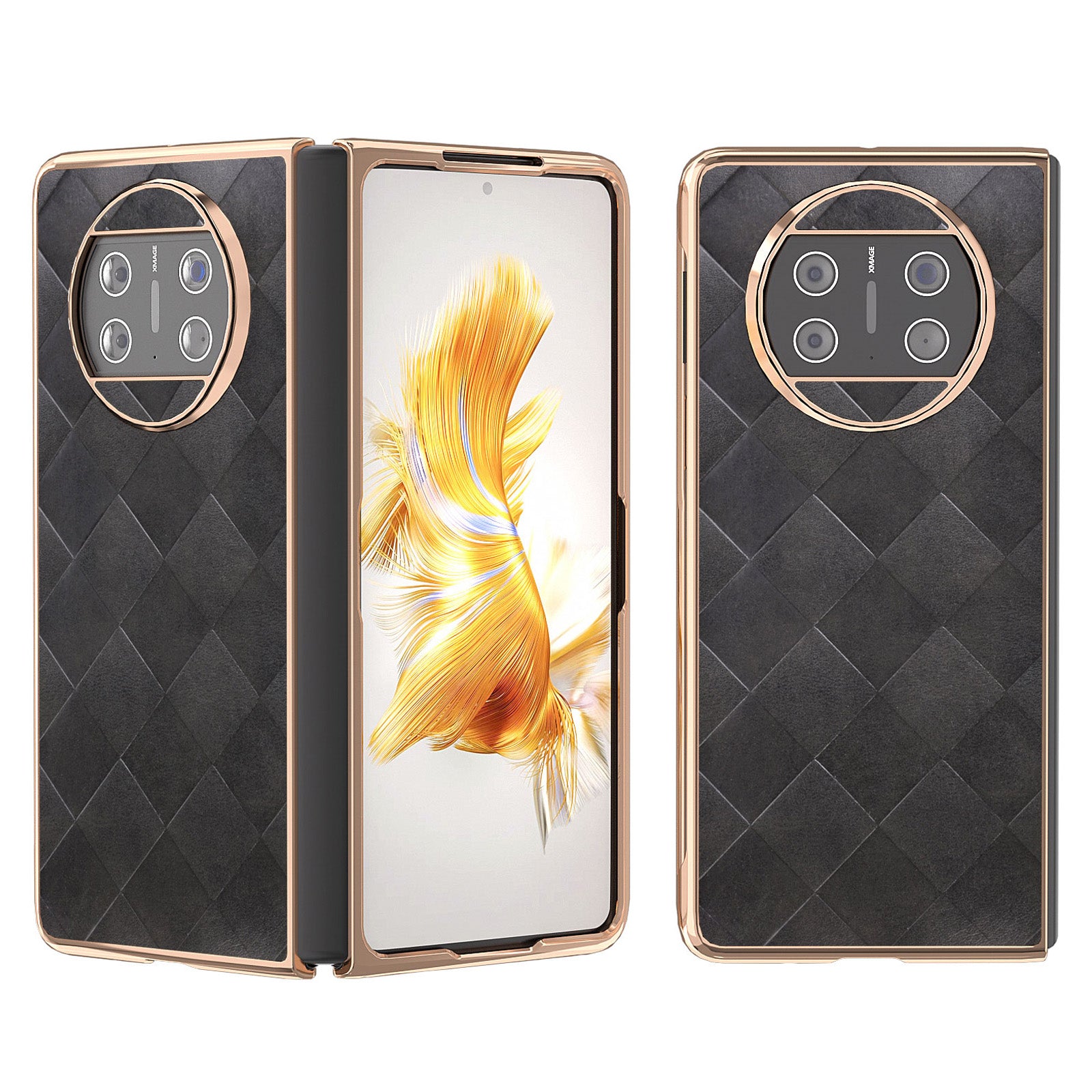 For Huawei Mate X3 5G Grid Texture Folding Phone Cover PU Leather Coated PC Electroplating Case