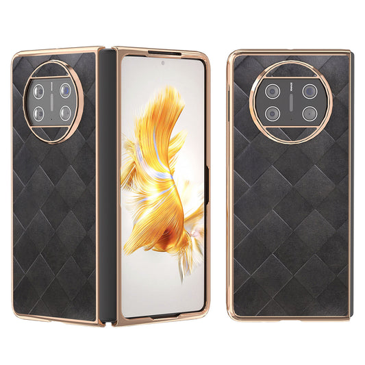 For Huawei Mate X3 5G Grid Texture Folding Phone Cover PU Leather Coated PC Electroplating Case
