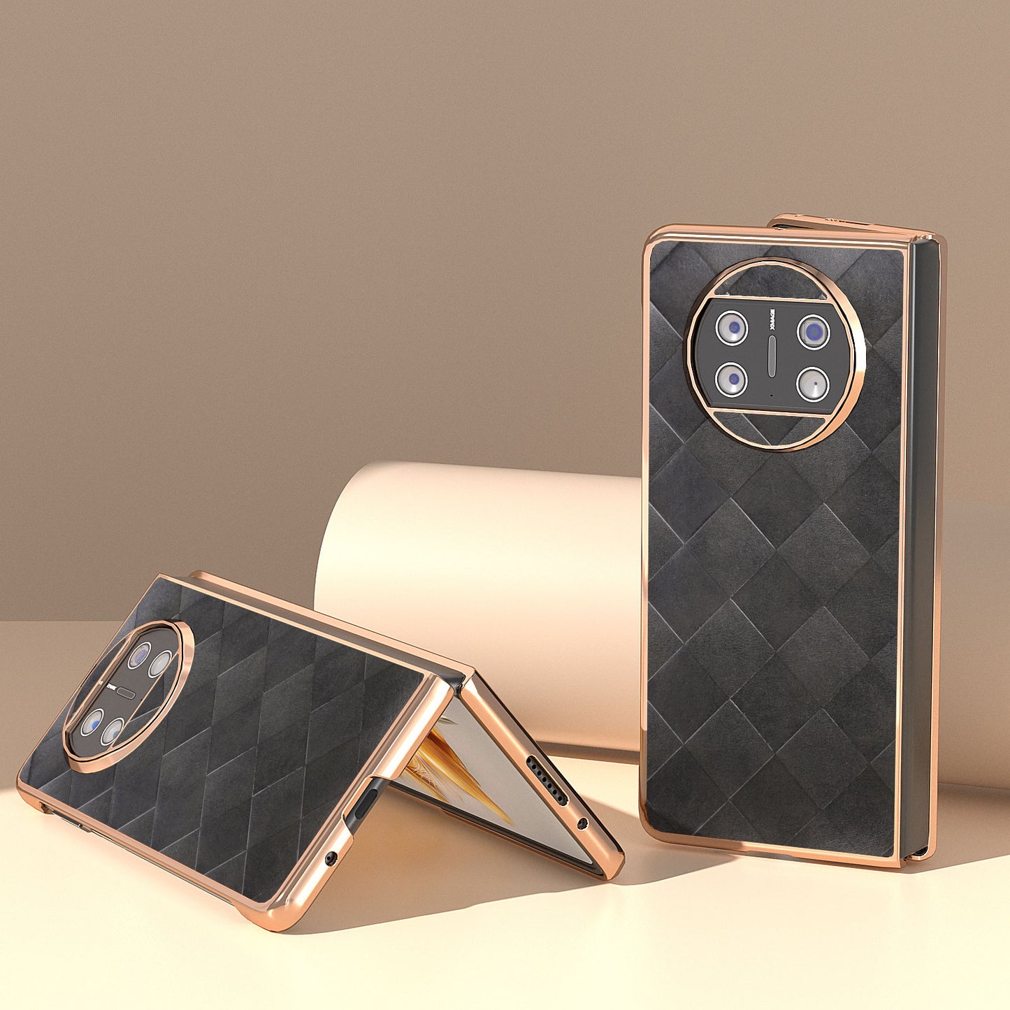 For Huawei Mate X3 5G Grid Texture Folding Phone Cover PU Leather Coated PC Electroplating Case