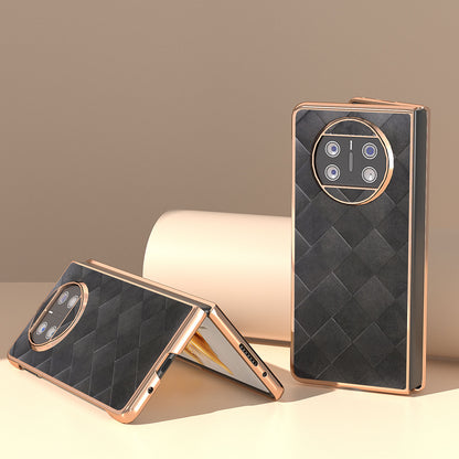 For Huawei Mate X3 5G Grid Texture Folding Phone Cover PU Leather Coated PC Electroplating Case