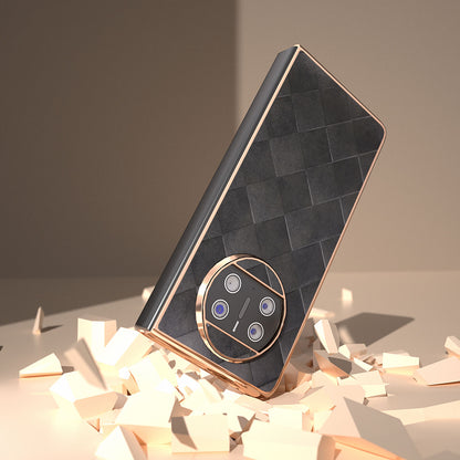 For Huawei Mate X3 5G Grid Texture Folding Phone Cover PU Leather Coated PC Electroplating Case