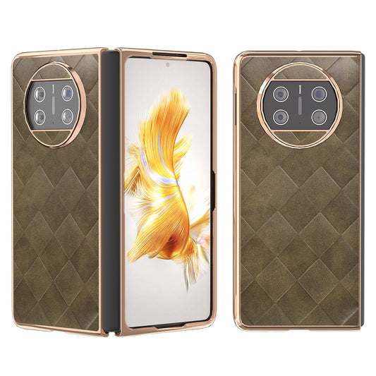For Huawei Mate X3 5G Grid Texture Folding Phone Cover PU Leather Coated PC Electroplating Case