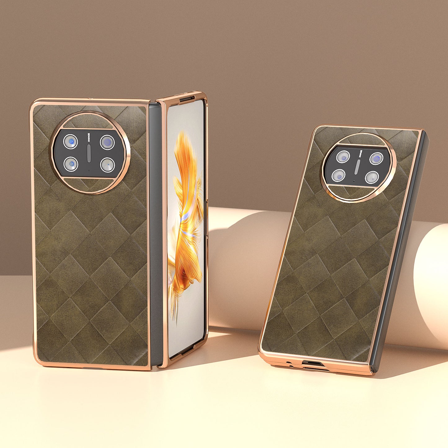 For Huawei Mate X3 5G Grid Texture Folding Phone Cover PU Leather Coated PC Electroplating Case