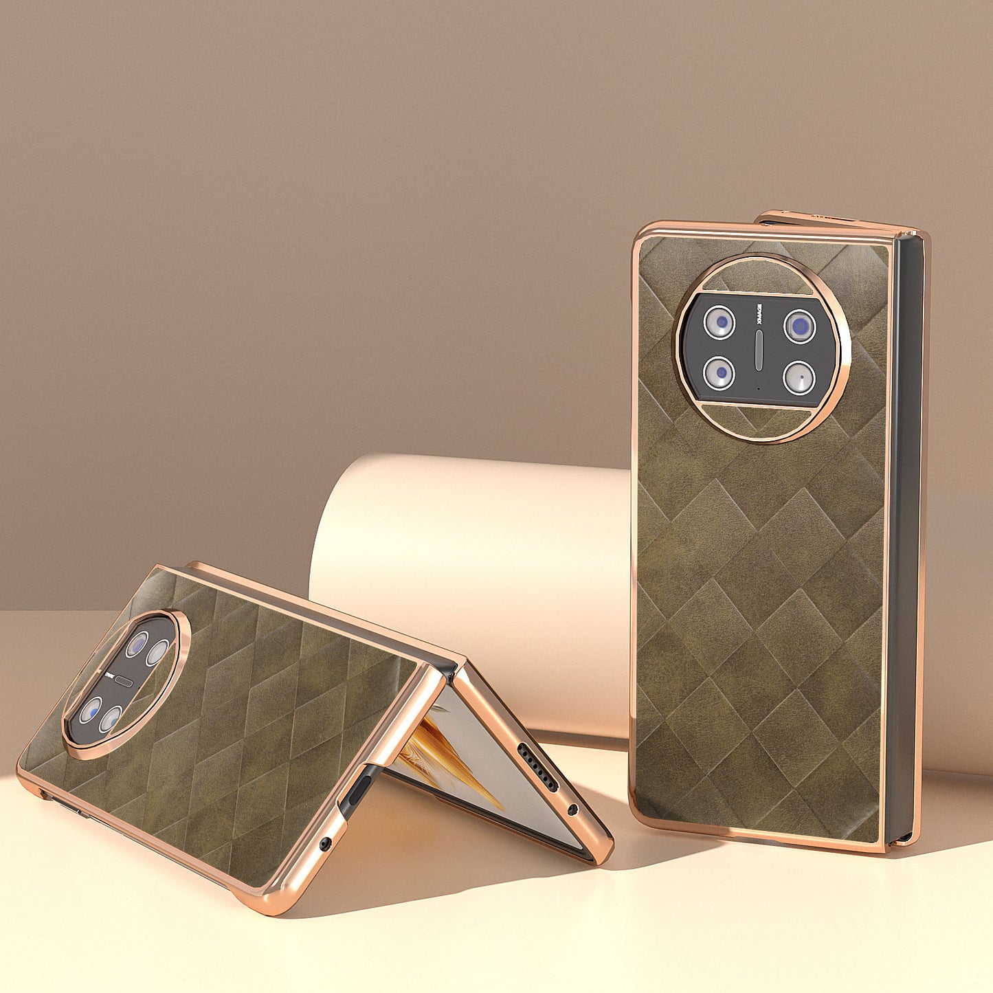 For Huawei Mate X3 5G Grid Texture Folding Phone Cover PU Leather Coated PC Electroplating Case