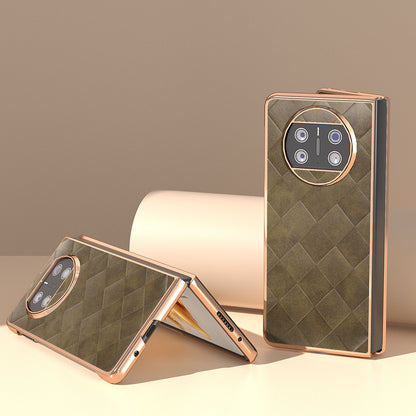 For Huawei Mate X3 5G Grid Texture Folding Phone Cover PU Leather Coated PC Electroplating Case