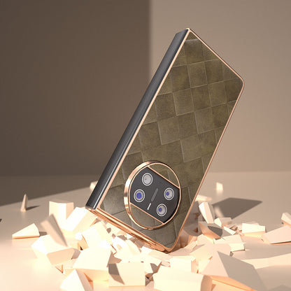 For Huawei Mate X3 5G Grid Texture Folding Phone Cover PU Leather Coated PC Electroplating Case