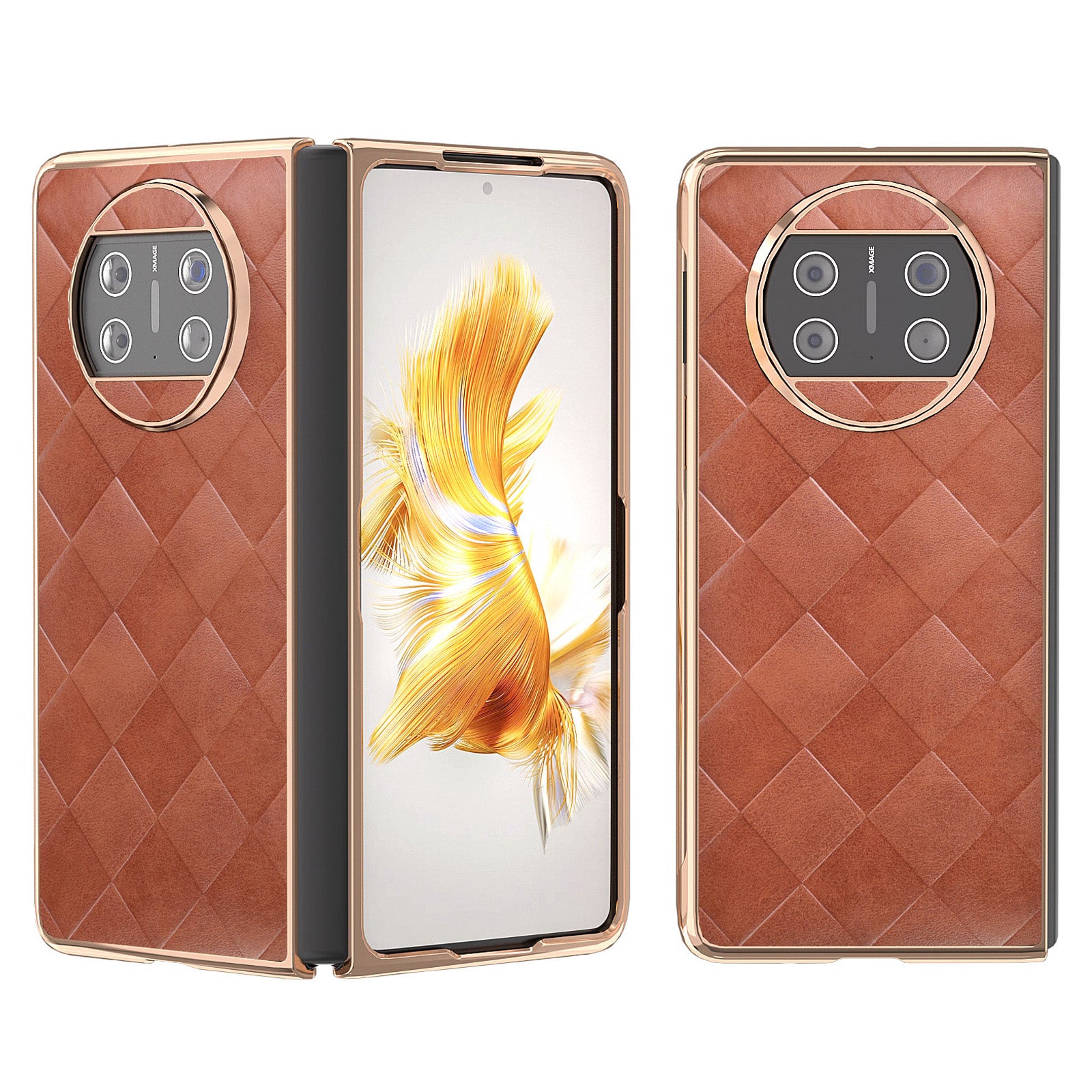 For Huawei Mate X3 5G Grid Texture Folding Phone Cover PU Leather Coated PC Electroplating Case