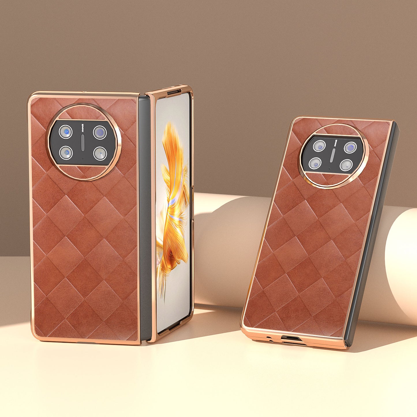 For Huawei Mate X3 5G Grid Texture Folding Phone Cover PU Leather Coated PC Electroplating Case