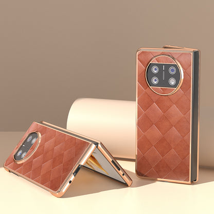 For Huawei Mate X3 5G Grid Texture Folding Phone Cover PU Leather Coated PC Electroplating Case