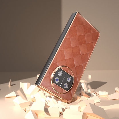 For Huawei Mate X3 5G Grid Texture Folding Phone Cover PU Leather Coated PC Electroplating Case