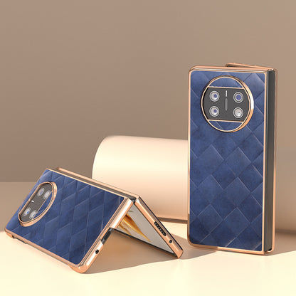 For Huawei Mate X3 5G Grid Texture Folding Phone Cover PU Leather Coated PC Electroplating Case