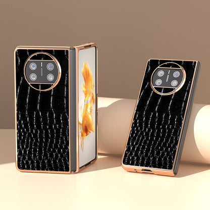 For Huawei Mate X3 5G Crocodile Pattern Phone Case Genuine Cow Leather + PC Electroplating Cover