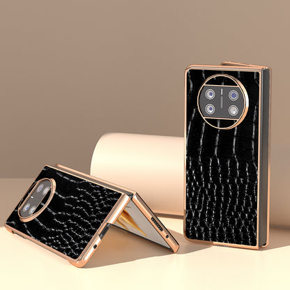 For Huawei Mate X3 5G Crocodile Pattern Phone Case Genuine Cow Leather + PC Electroplating Cover