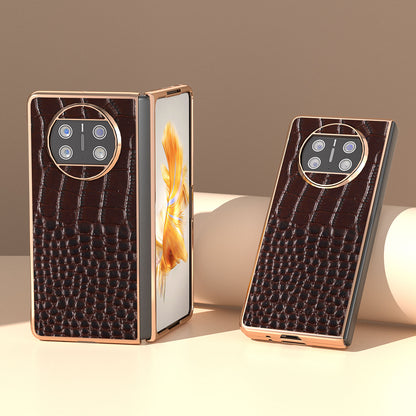 For Huawei Mate X3 5G Crocodile Pattern Phone Case Genuine Cow Leather + PC Electroplating Cover