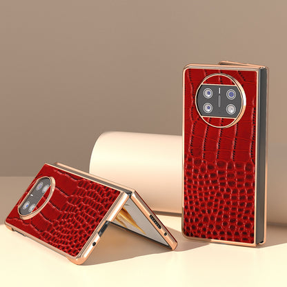 For Huawei Mate X3 5G Crocodile Pattern Phone Case Genuine Cow Leather + PC Electroplating Cover