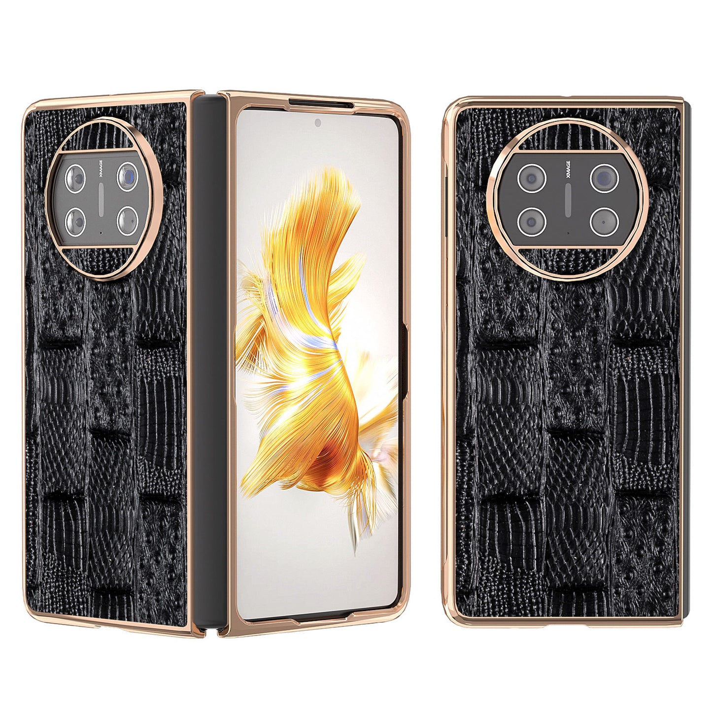 For Huawei Mate X3 5G Mahjong Texture Anti-Slip Case Genuine Cow Leather + PC Electroplating Phone Cover