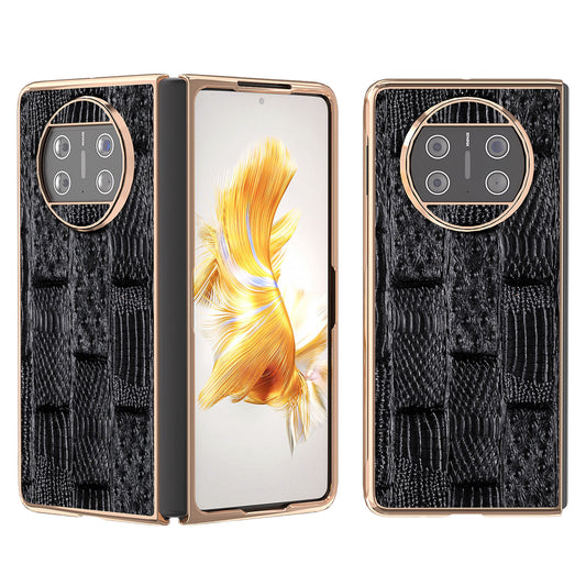 For Huawei Mate X3 5G Mahjong Texture Anti-Slip Case Genuine Cow Leather + PC Electroplating Phone Cover
