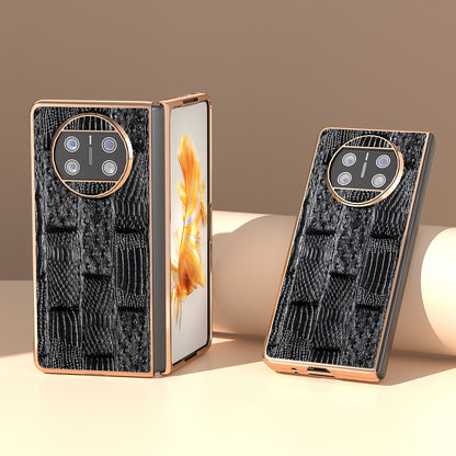 For Huawei Mate X3 5G Mahjong Texture Anti-Slip Case Genuine Cow Leather + PC Electroplating Phone Cover