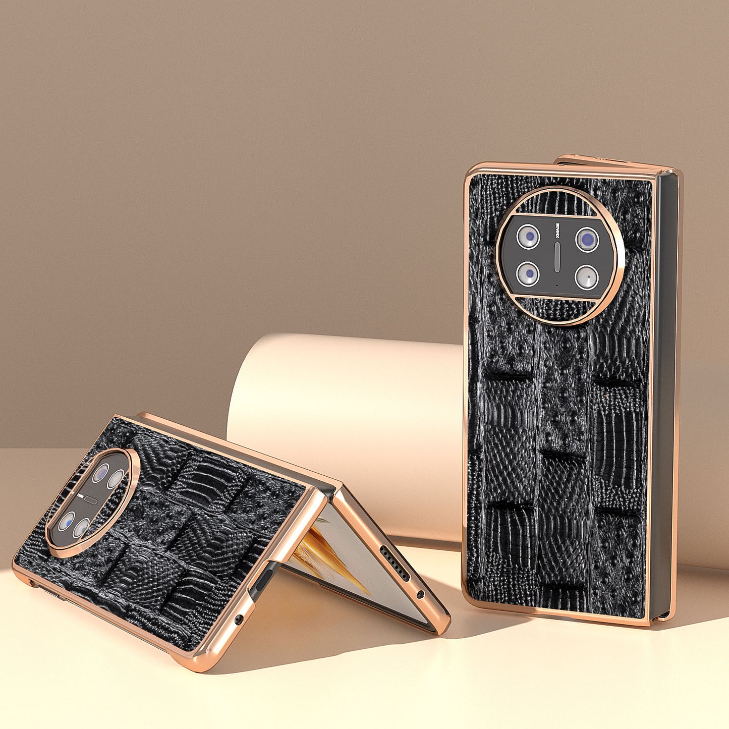 For Huawei Mate X3 5G Mahjong Texture Anti-Slip Case Genuine Cow Leather + PC Electroplating Phone Cover
