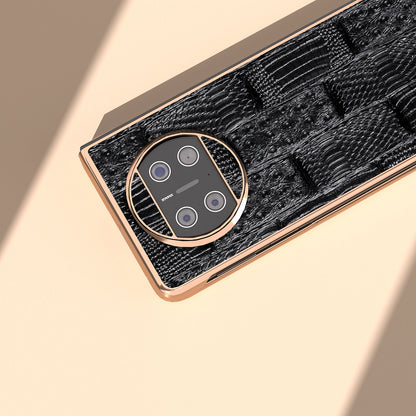 For Huawei Mate X3 5G Mahjong Texture Anti-Slip Case Genuine Cow Leather + PC Electroplating Phone Cover