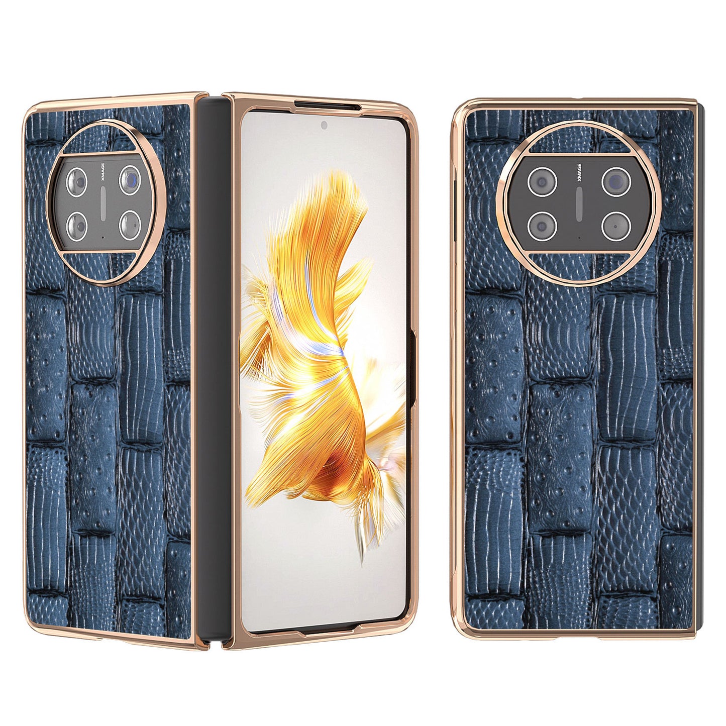 For Huawei Mate X3 5G Mahjong Texture Anti-Slip Case Genuine Cow Leather + PC Electroplating Phone Cover