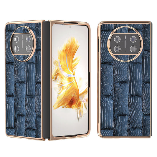 For Huawei Mate X3 5G Mahjong Texture Anti-Slip Case Genuine Cow Leather + PC Electroplating Phone Cover