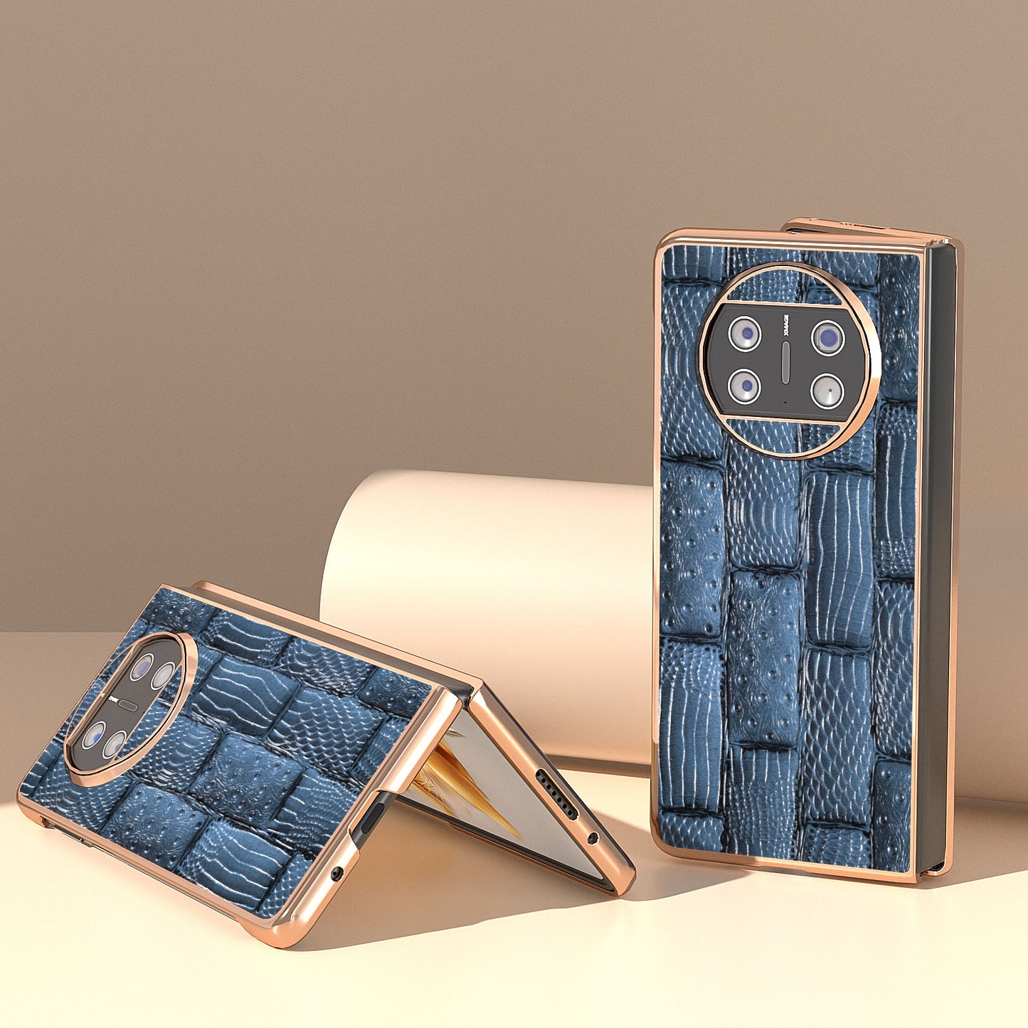 For Huawei Mate X3 5G Mahjong Texture Anti-Slip Case Genuine Cow Leather + PC Electroplating Phone Cover
