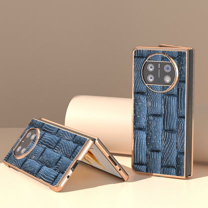 For Huawei Mate X3 5G Mahjong Texture Anti-Slip Case Genuine Cow Leather + PC Electroplating Phone Cover