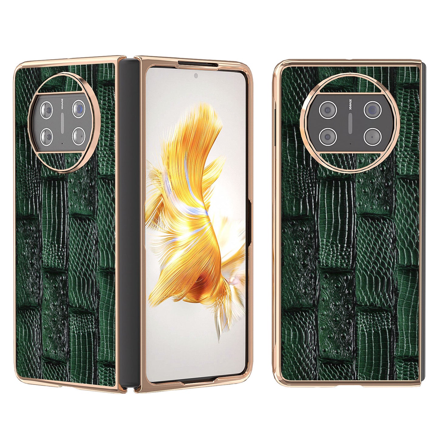 For Huawei Mate X3 5G Mahjong Texture Anti-Slip Case Genuine Cow Leather + PC Electroplating Phone Cover