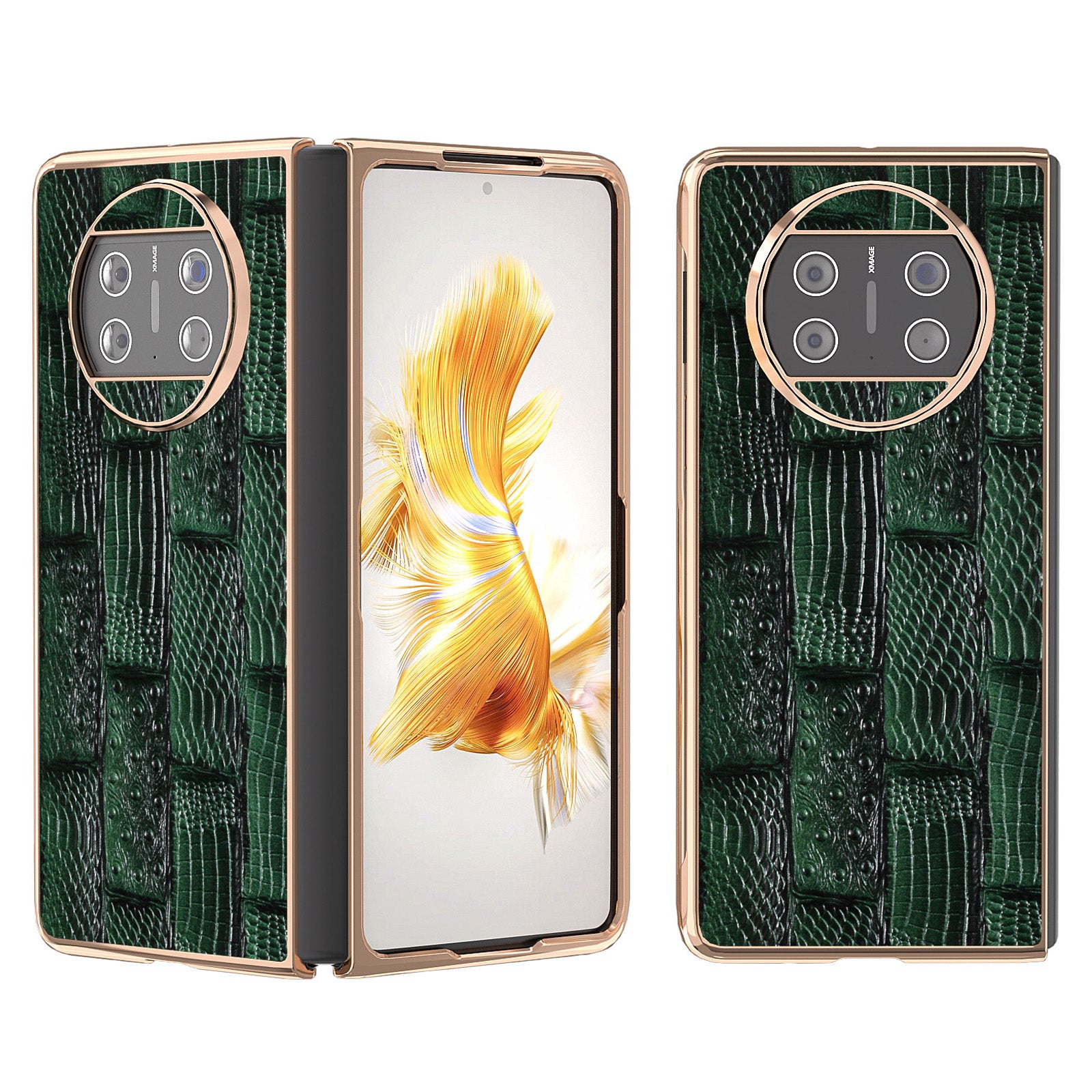 For Huawei Mate X3 5G Mahjong Texture Anti-Slip Case Genuine Cow Leather + PC Electroplating Phone Cover