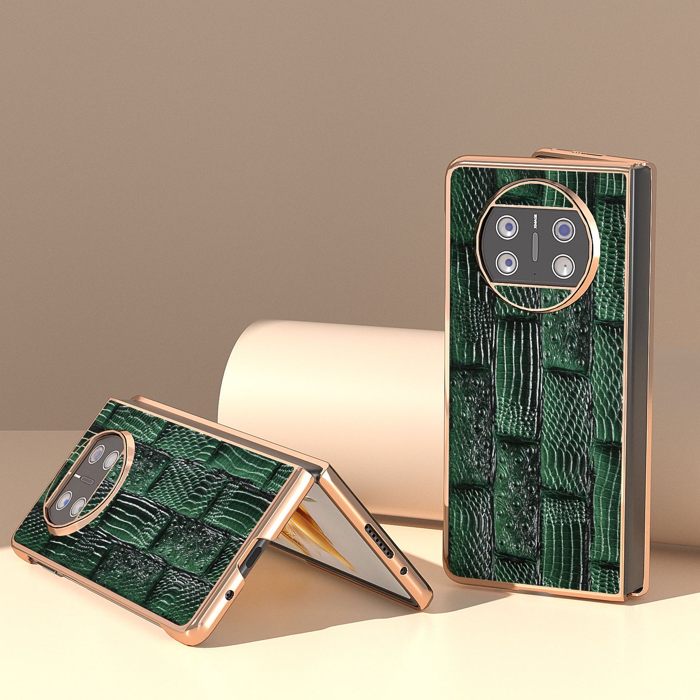 For Huawei Mate X3 5G Mahjong Texture Anti-Slip Case Genuine Cow Leather + PC Electroplating Phone Cover