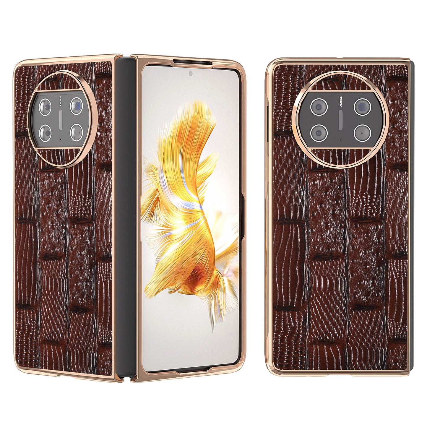For Huawei Mate X3 5G Mahjong Texture Anti-Slip Case Genuine Cow Leather + PC Electroplating Phone Cover
