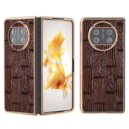For Huawei Mate X3 5G Mahjong Texture Anti-Slip Case Genuine Cow Leather + PC Electroplating Phone Cover