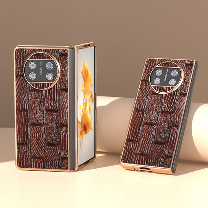 For Huawei Mate X3 5G Mahjong Texture Anti-Slip Case Genuine Cow Leather + PC Electroplating Phone Cover