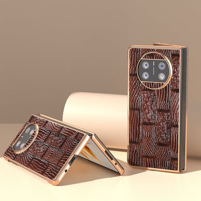 For Huawei Mate X3 5G Mahjong Texture Anti-Slip Case Genuine Cow Leather + PC Electroplating Phone Cover