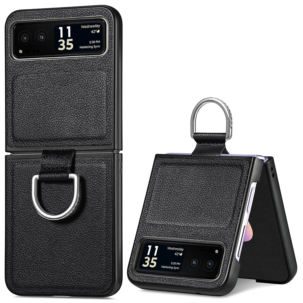 Finger Ring Holder Phone Case for Motorola Razr 40 5G , Litchi Texture Leather Coated PC Cover