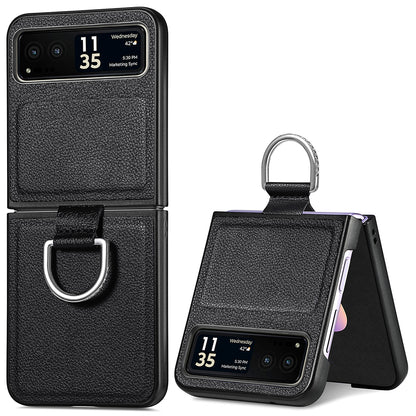 Finger Ring Holder Phone Case for Motorola Razr 40 5G , Litchi Texture Leather Coated PC Cover