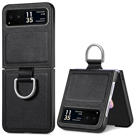 Finger Ring Holder Phone Case for Motorola Razr 40 5G , Litchi Texture Leather Coated PC Cover