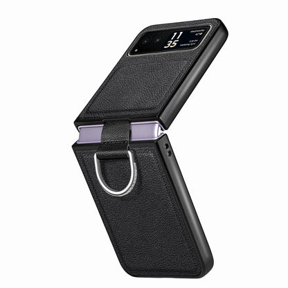Finger Ring Holder Phone Case for Motorola Razr 40 5G , Litchi Texture Leather Coated PC Cover