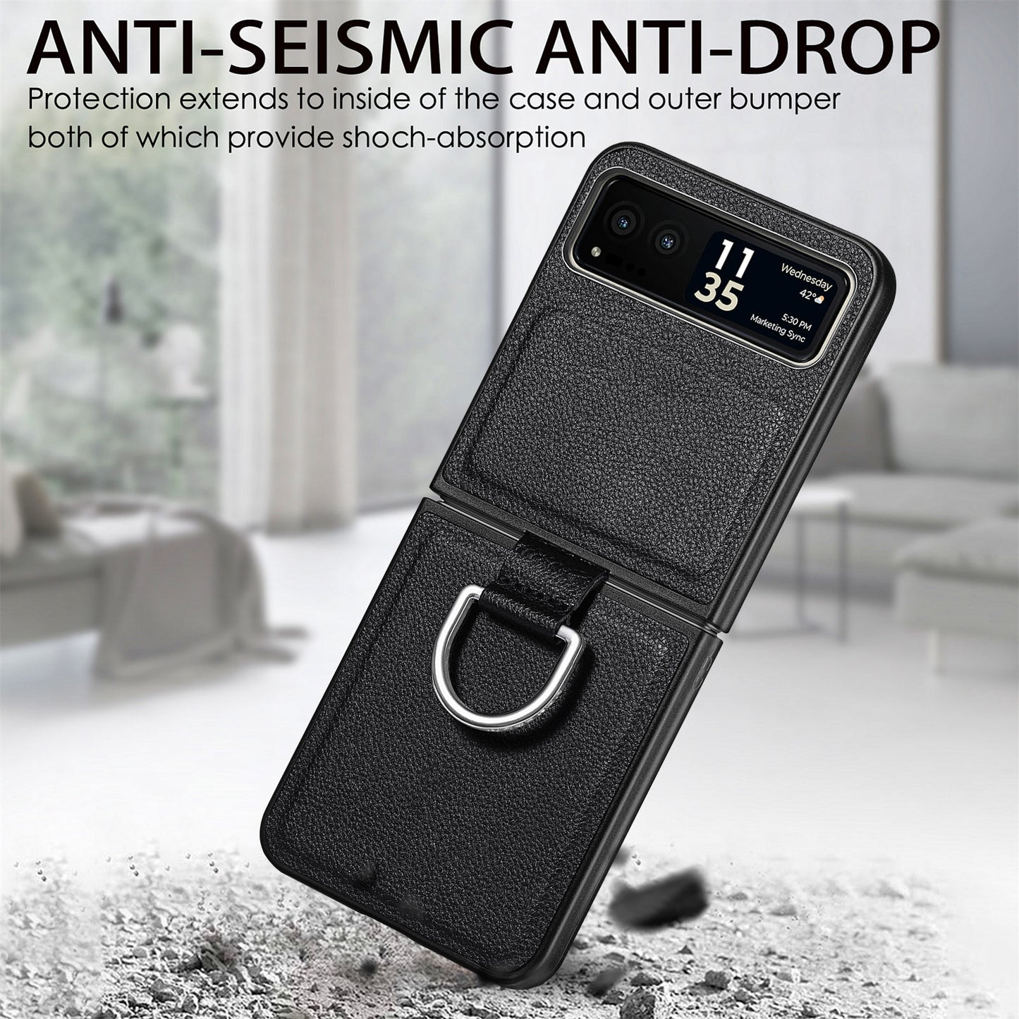 Finger Ring Holder Phone Case for Motorola Razr 40 5G , Litchi Texture Leather Coated PC Cover
